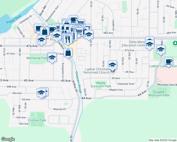 map of restaurants, bars, coffee shops, grocery stores, and more near 4581 53 Street in Delta