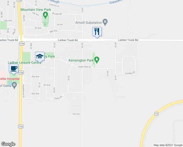 map of restaurants, bars, coffee shops, grocery stores, and more near 4586 Kensington Court in Delta