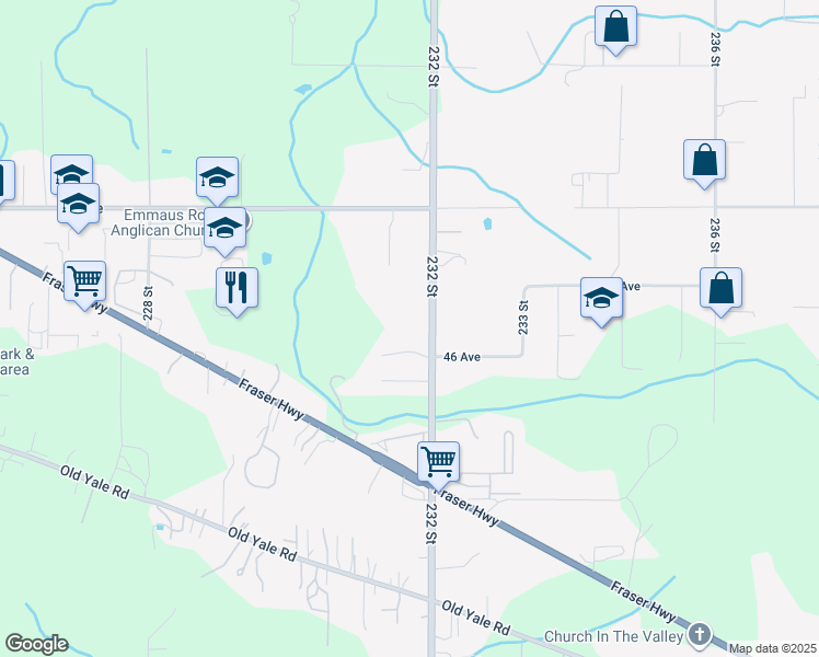map of restaurants, bars, coffee shops, grocery stores, and more near 4615 232 Street in Langley Township