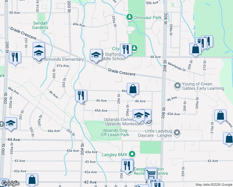 map of restaurants, bars, coffee shops, grocery stores, and more near 20560 46A Avenue in Langley
