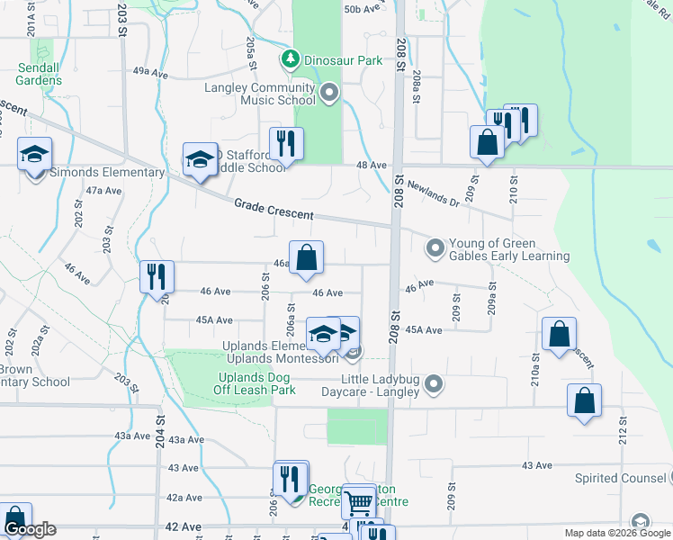 map of restaurants, bars, coffee shops, grocery stores, and more near 20722 46A Avenue in Langley City