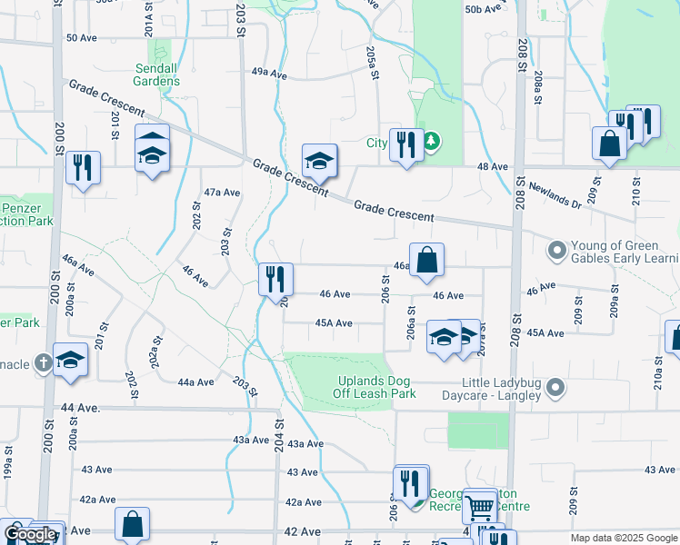 map of restaurants, bars, coffee shops, grocery stores, and more near 20488 46A Avenue in Langley