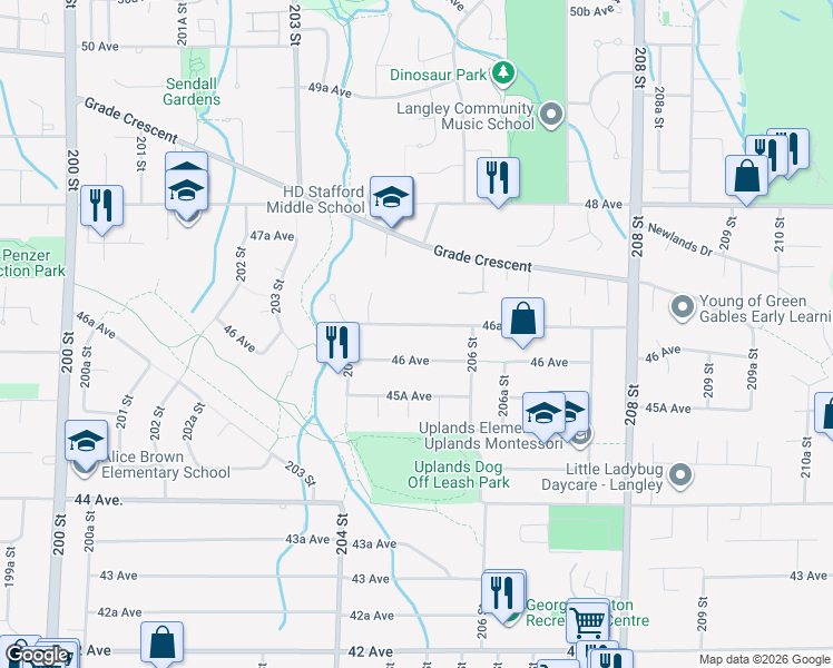 map of restaurants, bars, coffee shops, grocery stores, and more near 20488 46A Avenue in Langley