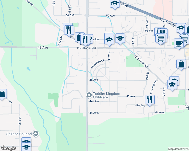 map of restaurants, bars, coffee shops, grocery stores, and more near 21623 Murrays Crescent in Langley