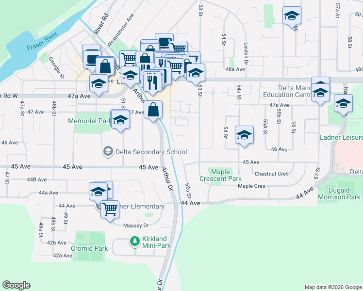 map of restaurants, bars, coffee shops, grocery stores, and more near 5259 Oak Place in Delta