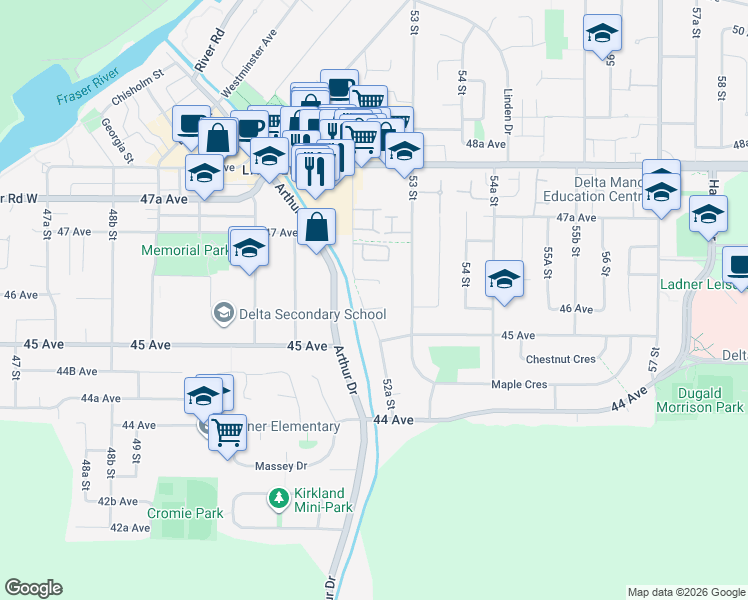 map of restaurants, bars, coffee shops, grocery stores, and more near 5259 Oak Place in Delta