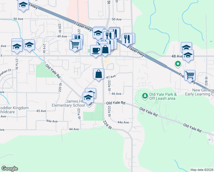 map of restaurants, bars, coffee shops, grocery stores, and more near 4633 222A Street in Langley