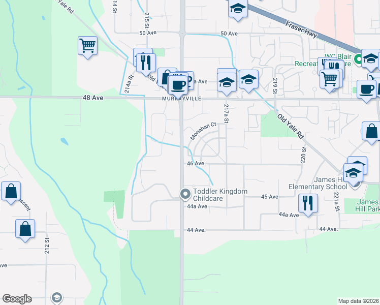 map of restaurants, bars, coffee shops, grocery stores, and more near 21612 Monahan Court in Langley