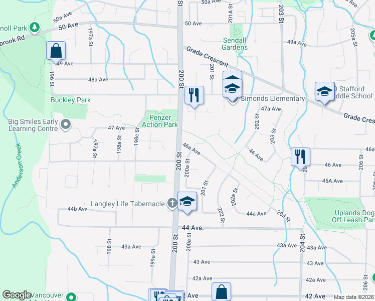map of restaurants, bars, coffee shops, grocery stores, and more near 20021 46A Avenue in Langley