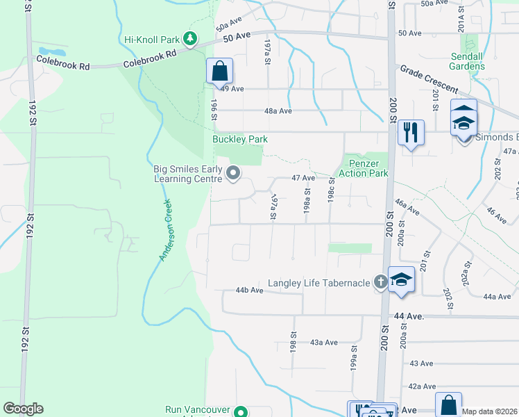 map of restaurants, bars, coffee shops, grocery stores, and more near 4652 197 Street in Langley