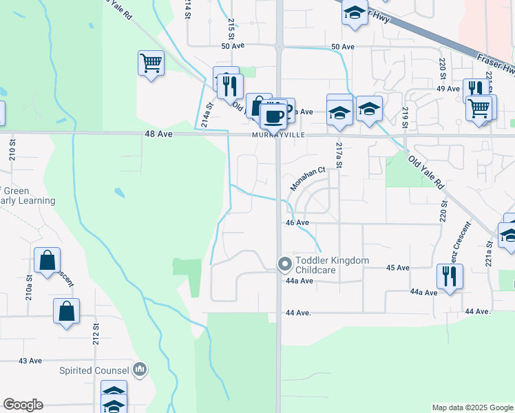 map of restaurants, bars, coffee shops, grocery stores, and more near 4638 215B Street in Langley