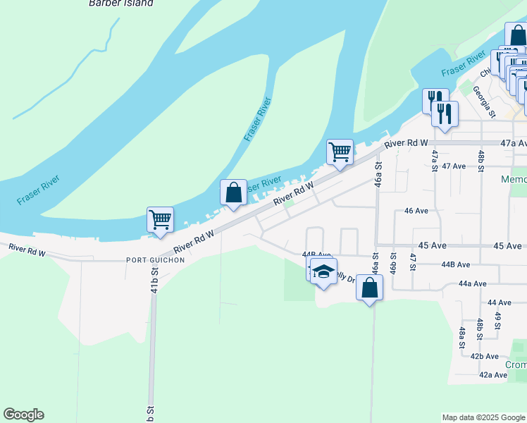 map of restaurants, bars, coffee shops, grocery stores, and more near 4394 River Road West in Delta