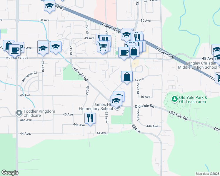 map of restaurants, bars, coffee shops, grocery stores, and more near 22111 46 Avenue in Langley Township