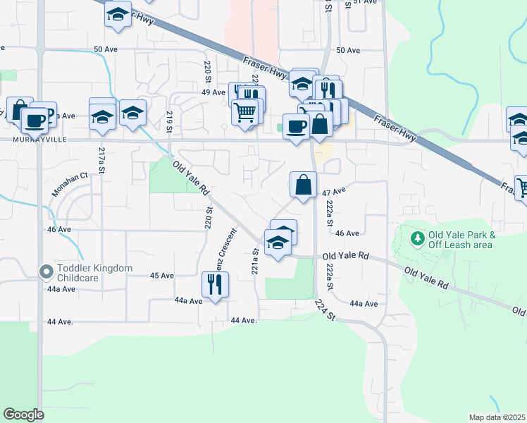 map of restaurants, bars, coffee shops, grocery stores, and more near 22111 46 Avenue in Langley Township
