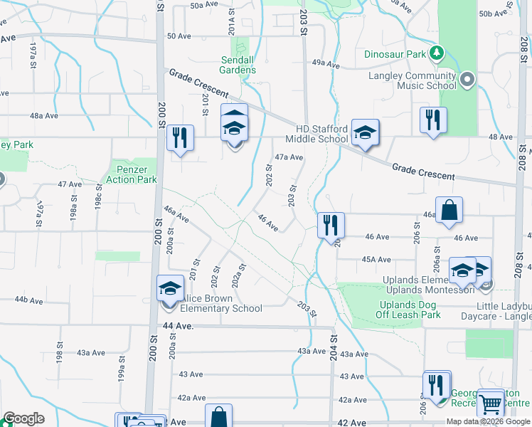 map of restaurants, bars, coffee shops, grocery stores, and more near 20231 46 Avenue in Langley