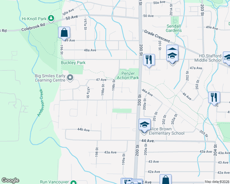 map of restaurants, bars, coffee shops, grocery stores, and more near 4638 198C Street in Langley
