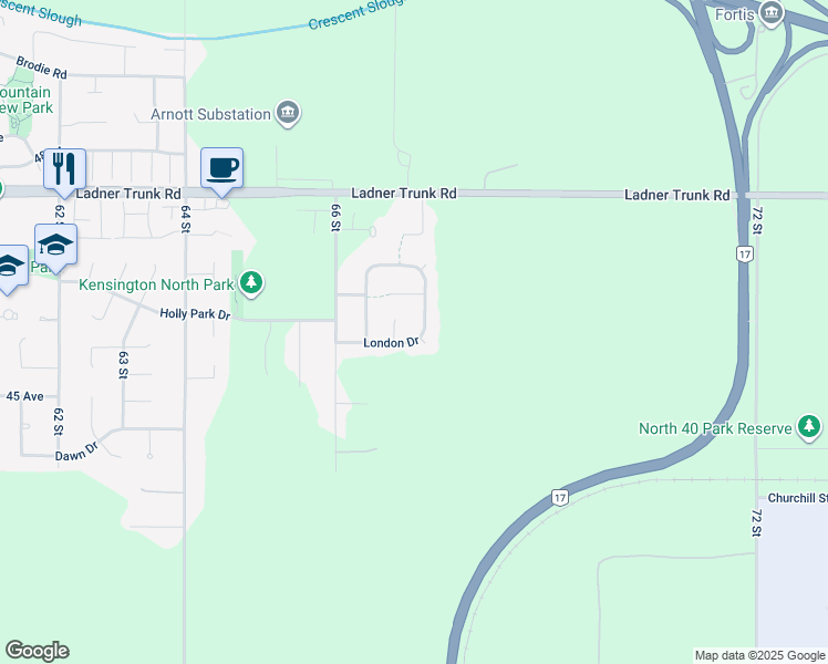 map of restaurants, bars, coffee shops, grocery stores, and more near 6715 London Drive in Delta