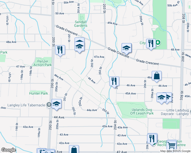 map of restaurants, bars, coffee shops, grocery stores, and more near 20272 46A Avenue in Langley
