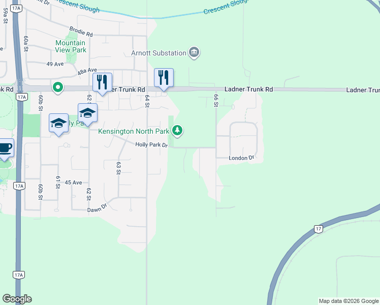 map of restaurants, bars, coffee shops, grocery stores, and more near 6522 Holly Park Drive in Delta