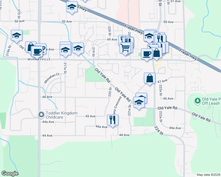 map of restaurants, bars, coffee shops, grocery stores, and more near 4644 220 Street in Langley City