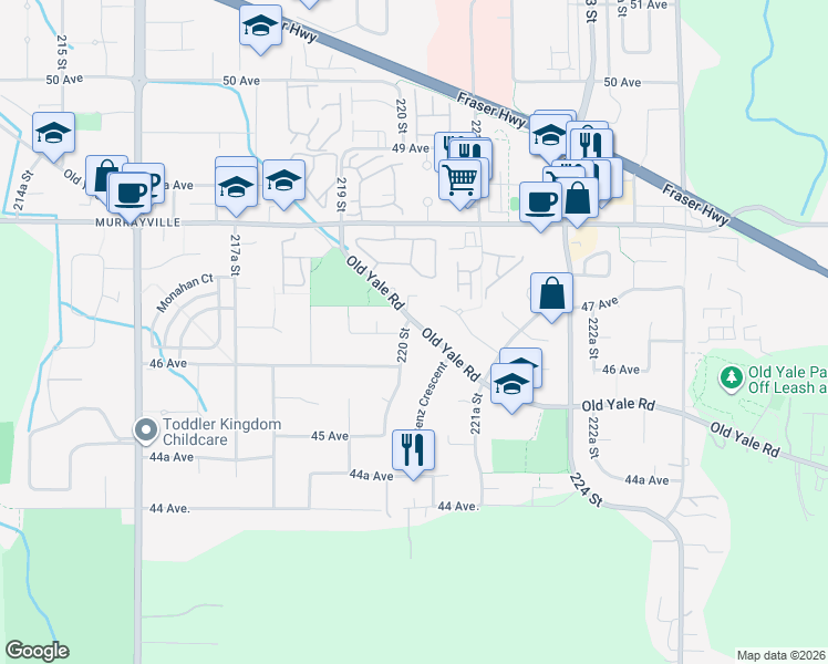 map of restaurants, bars, coffee shops, grocery stores, and more near 4644 220 Street in Langley