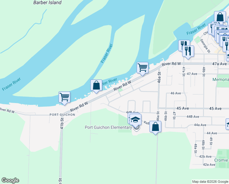 map of restaurants, bars, coffee shops, grocery stores, and more near 4395 Savoy Street in Delta