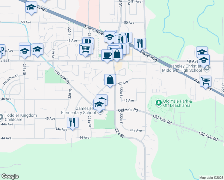 map of restaurants, bars, coffee shops, grocery stores, and more near 22171 46A Avenue in Langley