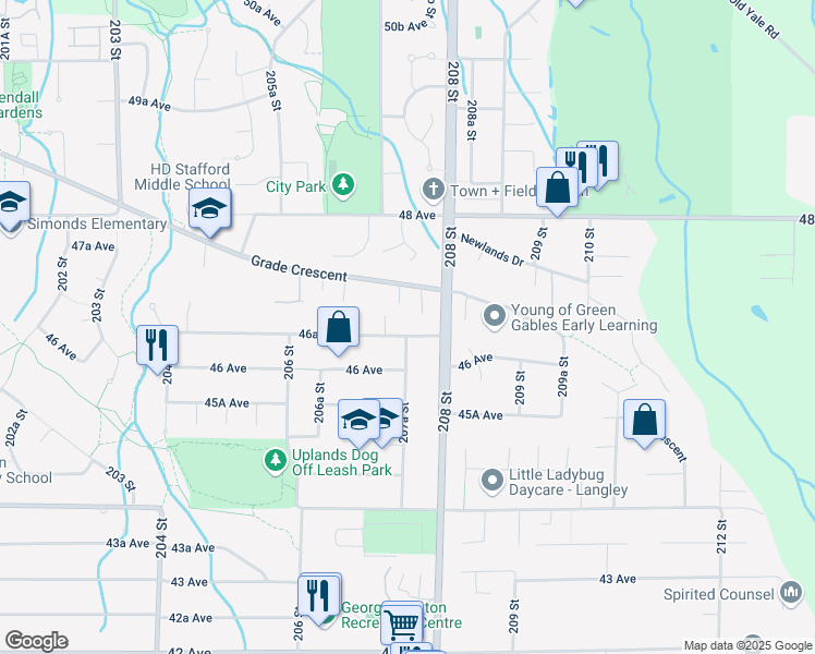 map of restaurants, bars, coffee shops, grocery stores, and more near 20755 46A Avenue in Langley