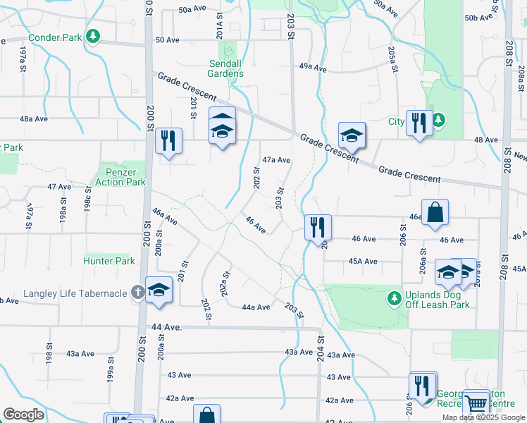 map of restaurants, bars, coffee shops, grocery stores, and more near 20262 46A Avenue in Langley
