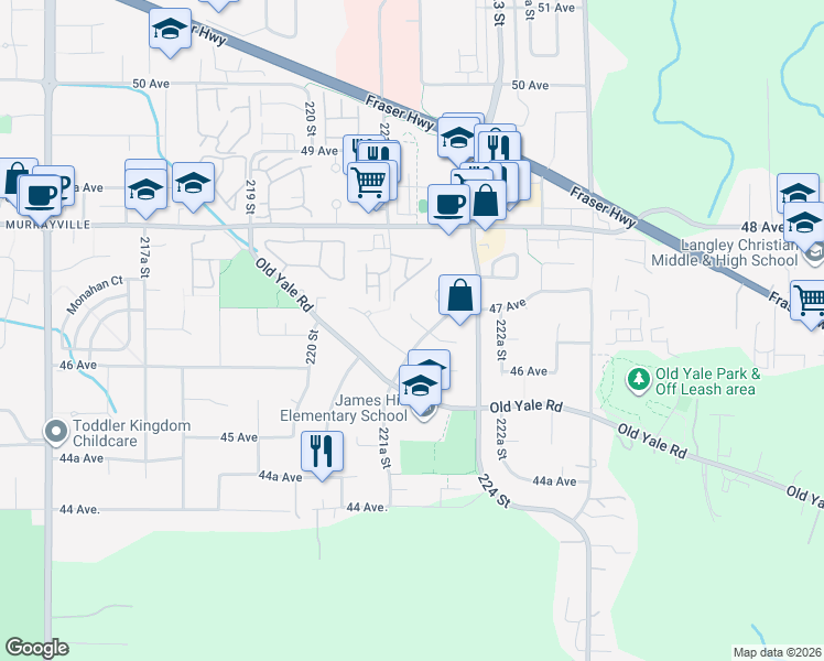 map of restaurants, bars, coffee shops, grocery stores, and more near 22120 46A Avenue in Langley