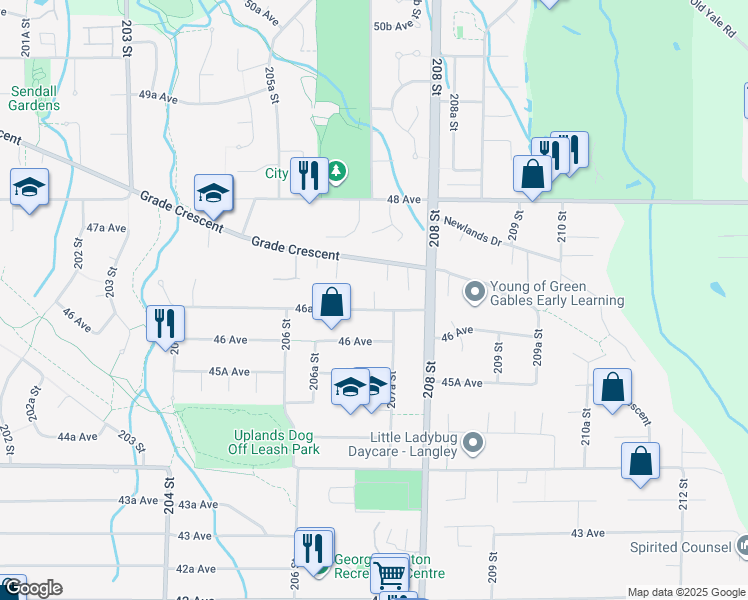map of restaurants, bars, coffee shops, grocery stores, and more near 20723 46A Avenue in Langley