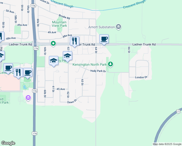 map of restaurants, bars, coffee shops, grocery stores, and more near 6370 Holly Park Drive in Delta
