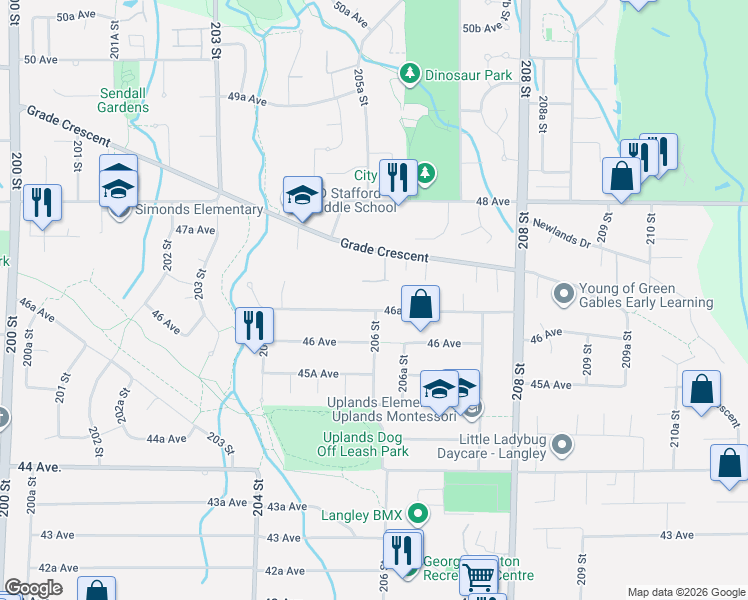 map of restaurants, bars, coffee shops, grocery stores, and more near 20566 Grade Crescent in Langley