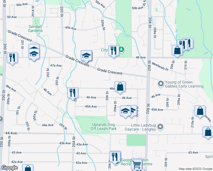 map of restaurants, bars, coffee shops, grocery stores, and more near 20571 46A Avenue in Langley