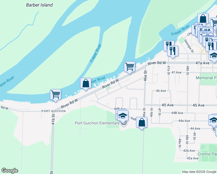 map of restaurants, bars, coffee shops, grocery stores, and more near 4442 River Road West in Delta