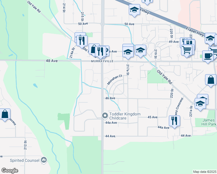 map of restaurants, bars, coffee shops, grocery stores, and more near 21624 Monahan Court in Langley