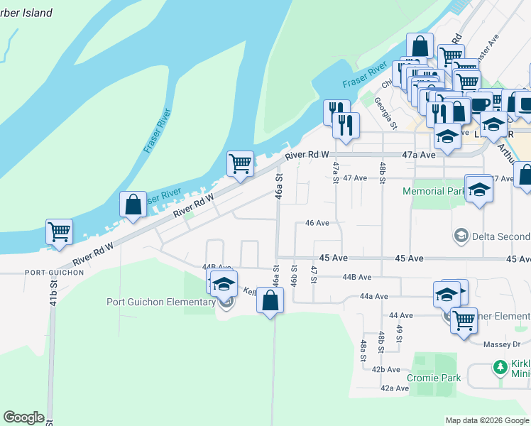map of restaurants, bars, coffee shops, grocery stores, and more near 4615 Edmonds Drive in Delta