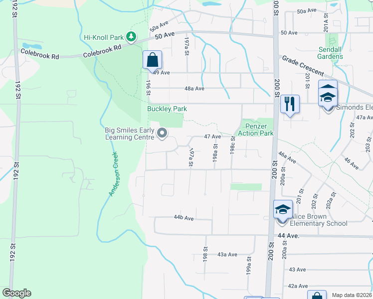 map of restaurants, bars, coffee shops, grocery stores, and more near 4671 197A Street in Langley