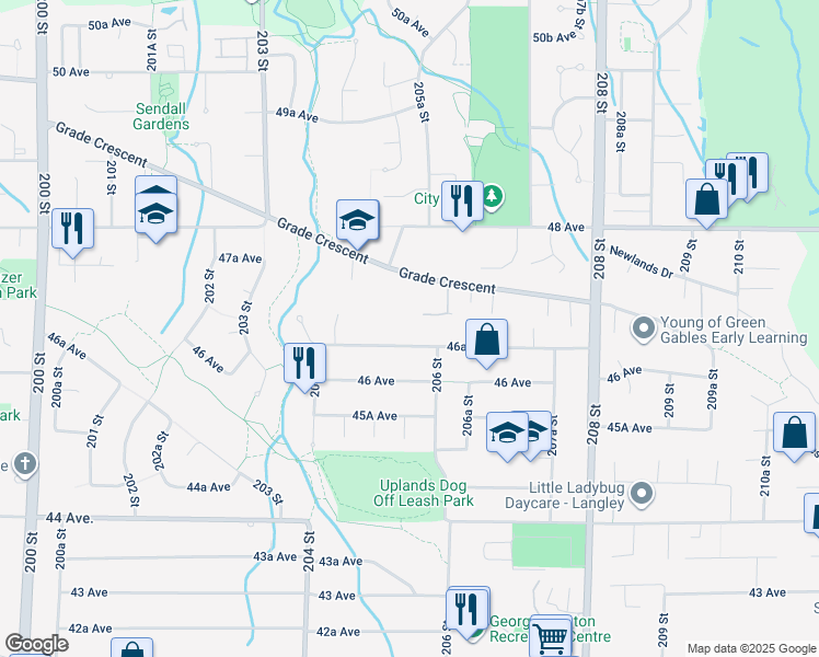 map of restaurants, bars, coffee shops, grocery stores, and more near 20566 Grade Crescent in Langley