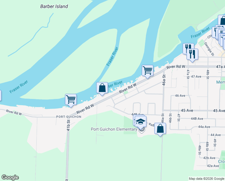 map of restaurants, bars, coffee shops, grocery stores, and more near 4407 River Road West in Delta