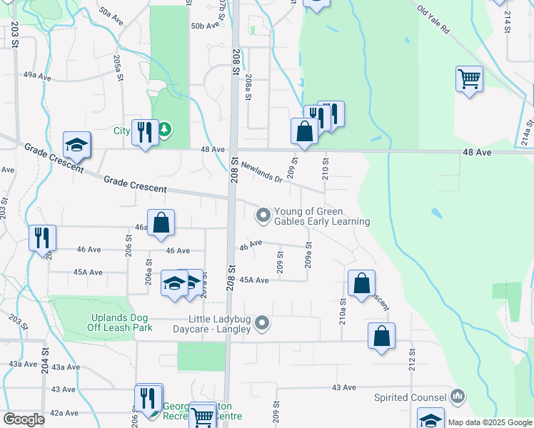 map of restaurants, bars, coffee shops, grocery stores, and more near 8230 208B Street in Langley