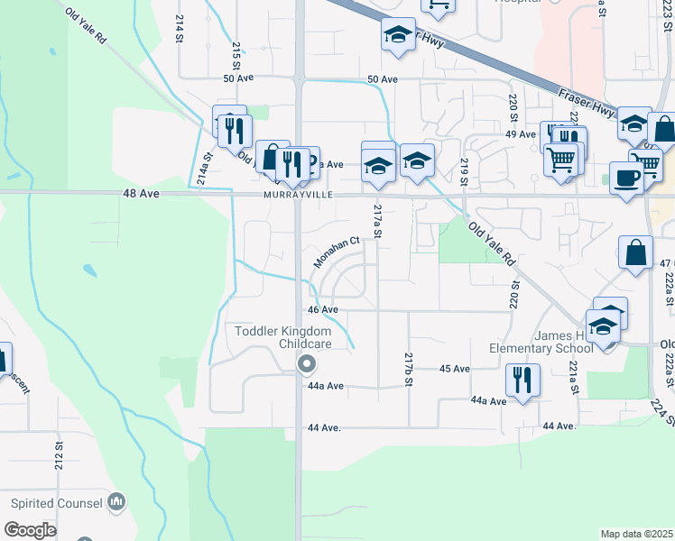 map of restaurants, bars, coffee shops, grocery stores, and more near 21623 Murrays Crescent in Langley