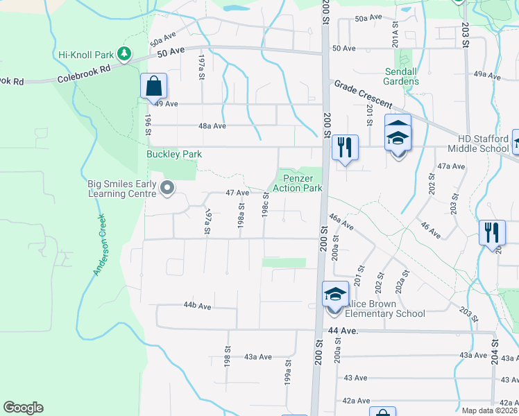 map of restaurants, bars, coffee shops, grocery stores, and more near 4661 198C Street in Langley