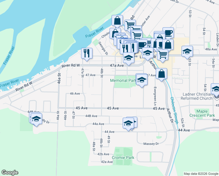 map of restaurants, bars, coffee shops, grocery stores, and more near 4651 Garry Street in Delta