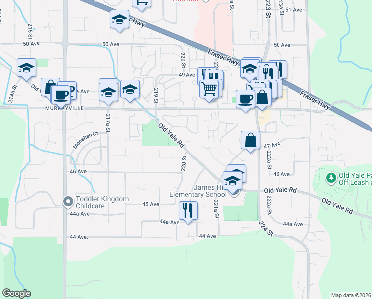 map of restaurants, bars, coffee shops, grocery stores, and more near 21993 Old Yale Road in Langley
