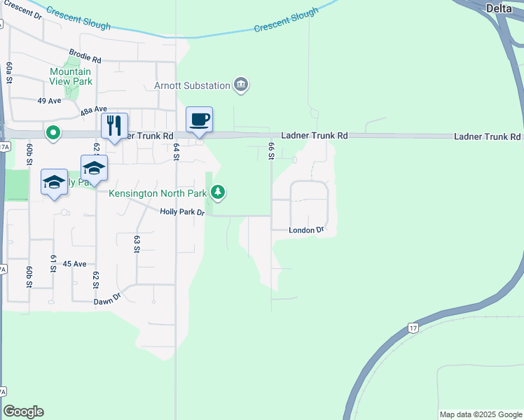 map of restaurants, bars, coffee shops, grocery stores, and more near 6585 Holly Park Drive in Delta