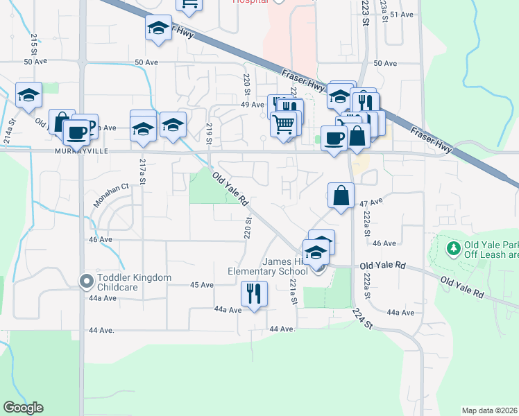 map of restaurants, bars, coffee shops, grocery stores, and more near in Langley