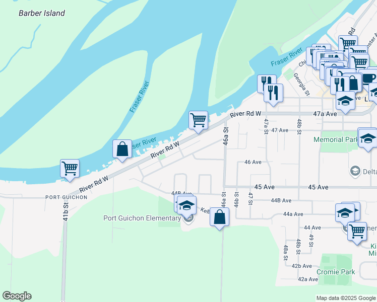 map of restaurants, bars, coffee shops, grocery stores, and more near 4529 Savoy Street in Delta