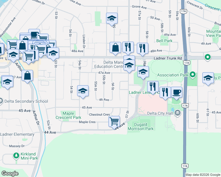 map of restaurants, bars, coffee shops, grocery stores, and more near 4651 56 Street in Delta