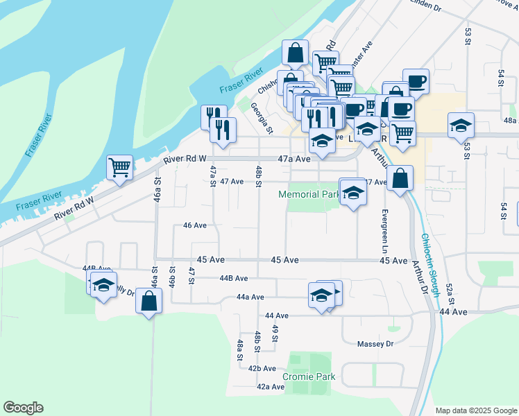 map of restaurants, bars, coffee shops, grocery stores, and more near 4636 48B Street in Delta